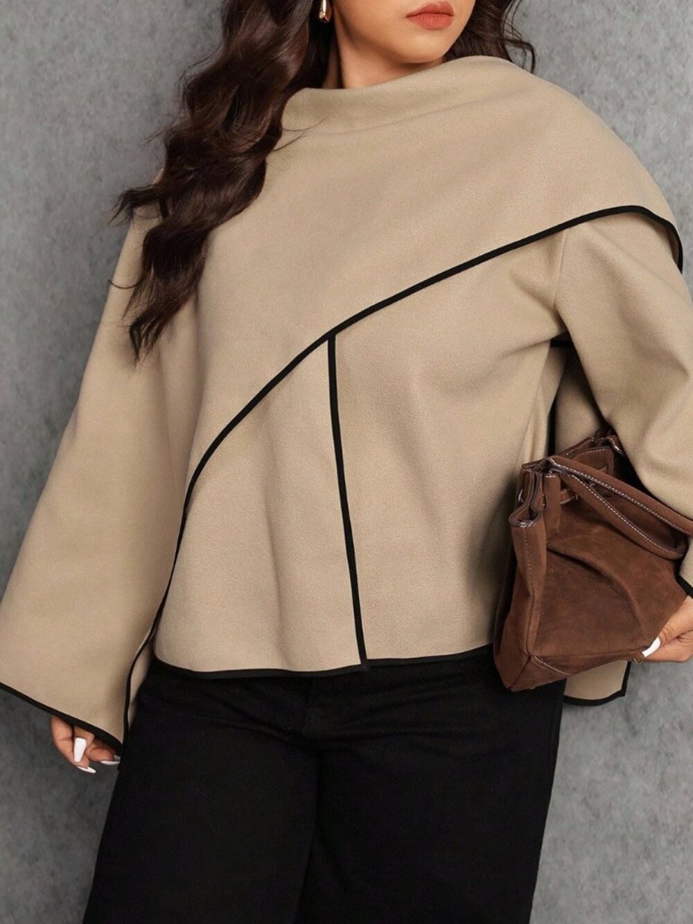 Khaki Casual Women's Fringe Trim Loose Fit Zipper Cape Jacket